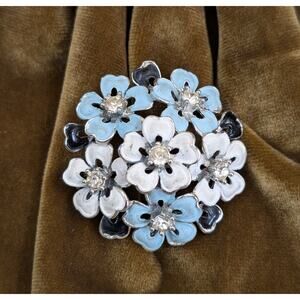 Vintage Blue White Enamel Flower Brooch Rhinestone Floral Mid Century Cluster